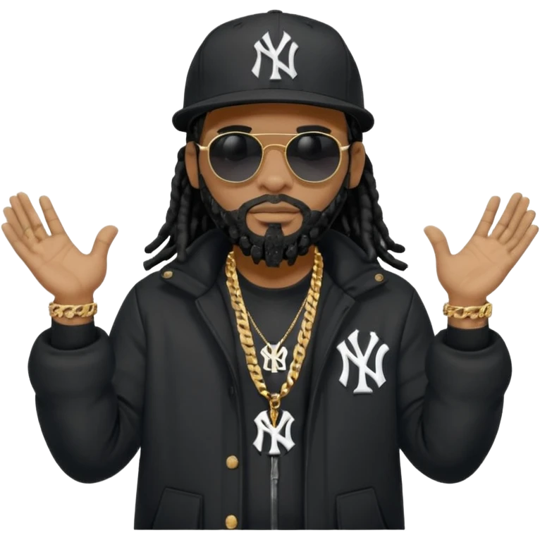 African American man with shoulder length black dreadlocks with black beard wearing black sunglasses wearing a black New York Yankees logo baseball cap wearing a black bubble winter coat with hands down with both palms facing down emoji