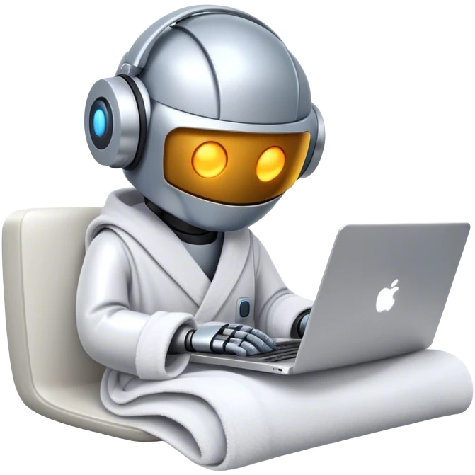 Emoji of a remote-working robot in a cozy bathrobe with a laptop. The robot has a sleek helmet-like head with glowing digital eyes. Relaxed yet high-tech vibe. emoji