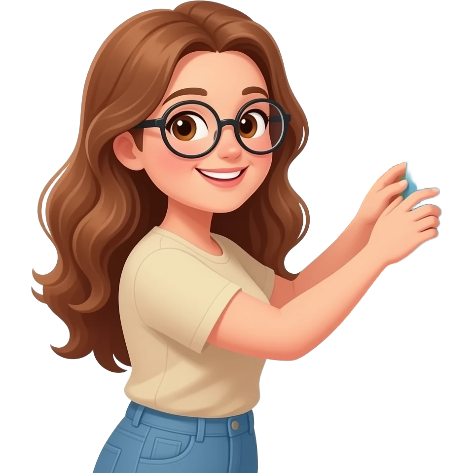 detailed emoji illustration of a curvy woman with long light brown wavy hair, light brown eyes and round glasses organizing books on a bookshelf, happy book lover vibe, cute emoji style emoji