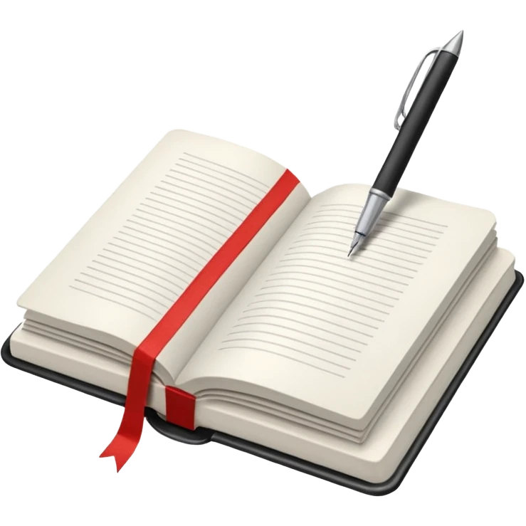 "A white open book,The pen should be positioned as placed exactly in the center between the pages.  if held by a right-handed person - meaning the direction is reversed compared to a left-handed grip. The pen should be uncapped, and the cap placed behind it." Styled with Red tape emoji
