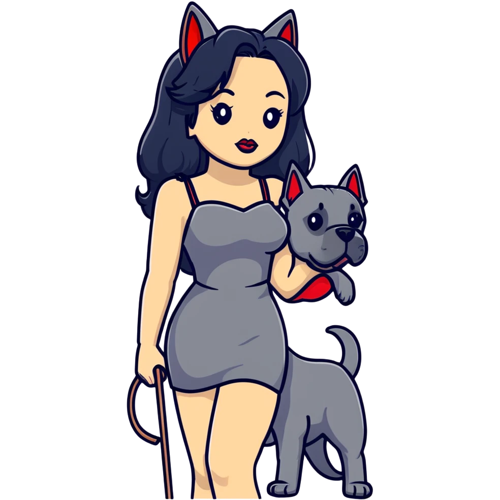 Fashionable woman in sling dress with long black hair, big red lips, and Cane Corso dog ears and short tail emoji