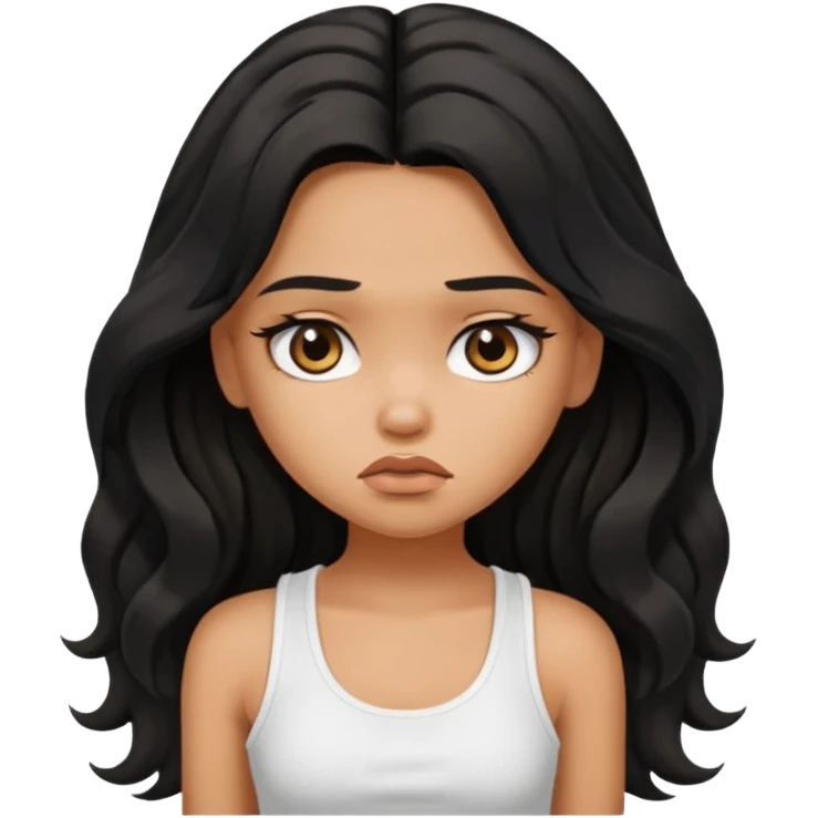 a pretty tan bratz girl with long wavy black hair, wearing a white tank topi. looking sad emoji