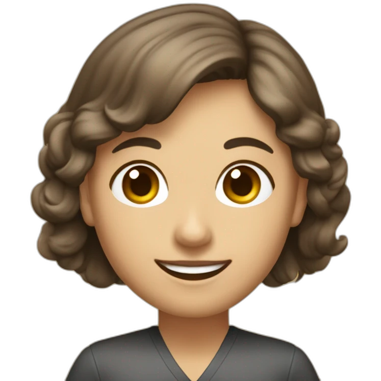 Profesora de fotografía, sonrriente  cabello castaño oscuro  y de pelo corto con una cámara  emoji