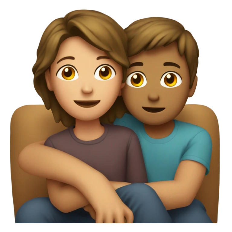 A boy and a mum hugging on a sofa realistic  emoji