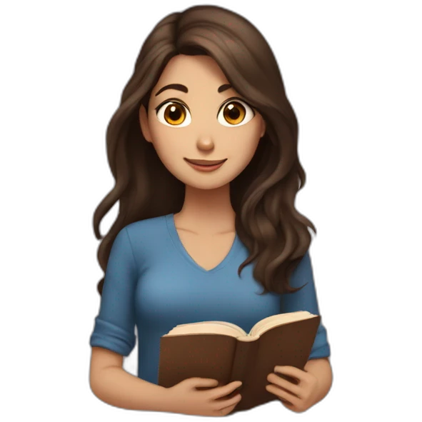brunette girl with long hair with brown eyes reads a book emoji