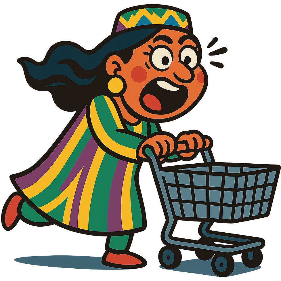 cartoonish Uzbek woman with a shopping cart, exaggerated emotions emoji