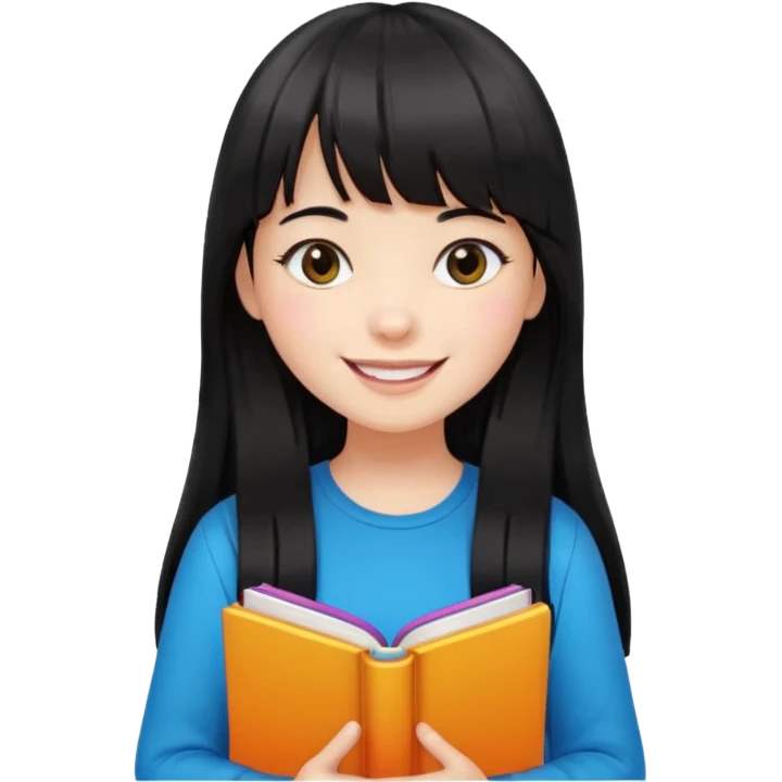 lecture girl with straight bangs fringe long black color hair with color book emoji