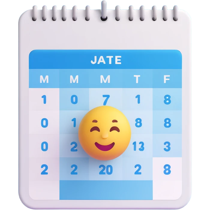3D emoji style calendar with a blue checkmark and a circled date emoji