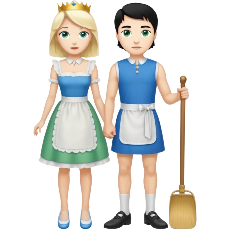 King, black hair, body, legst, blue eyes, shoes, maid blonde hair, green eyes, sexy short sleveless White dress, shoes emoji