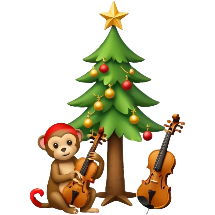 A cute, minimal emoji-style Christmas tree with a bright green triangular shape decorated, a wooden violin replacing the trunk, and a small playful monkey sitting at the very top carefully placing a golden Christmas star emoji