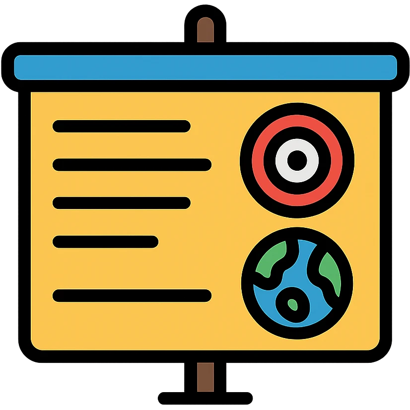 presentation slide with summary, target, and world icons emoji