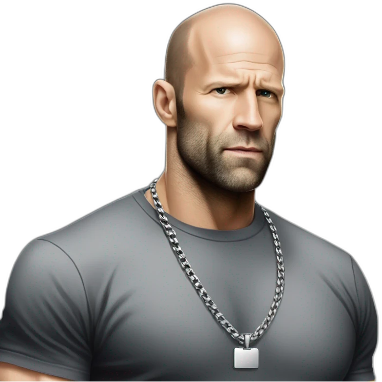 Jason Statham wearing men silver chain on a black tshirt,styled,cool emoji