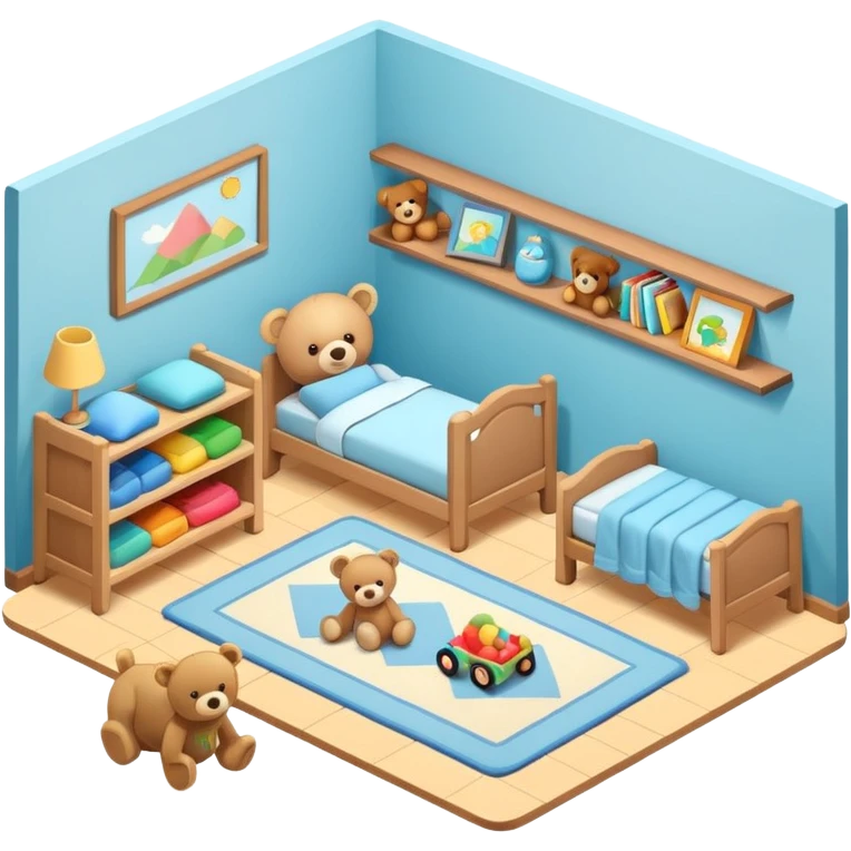 isometric baby room, Crib beside toy shelf and rug emoji