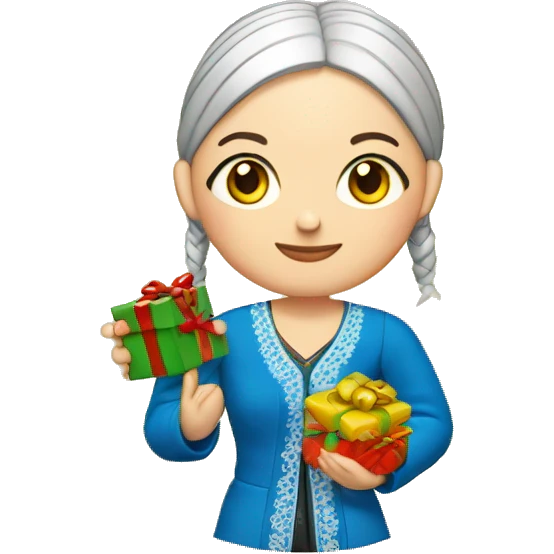 A female teacher in Ukrainian embroidery holds a gift in her hand emoji