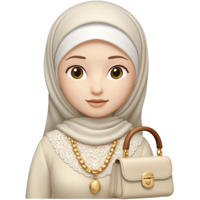 female memoji character, iPhone style, wearing white hijab, white lace top, pleated long skirt, cream handbag with gold chain, soft 3D shading, cute expression, no background, transparent PNG emoji