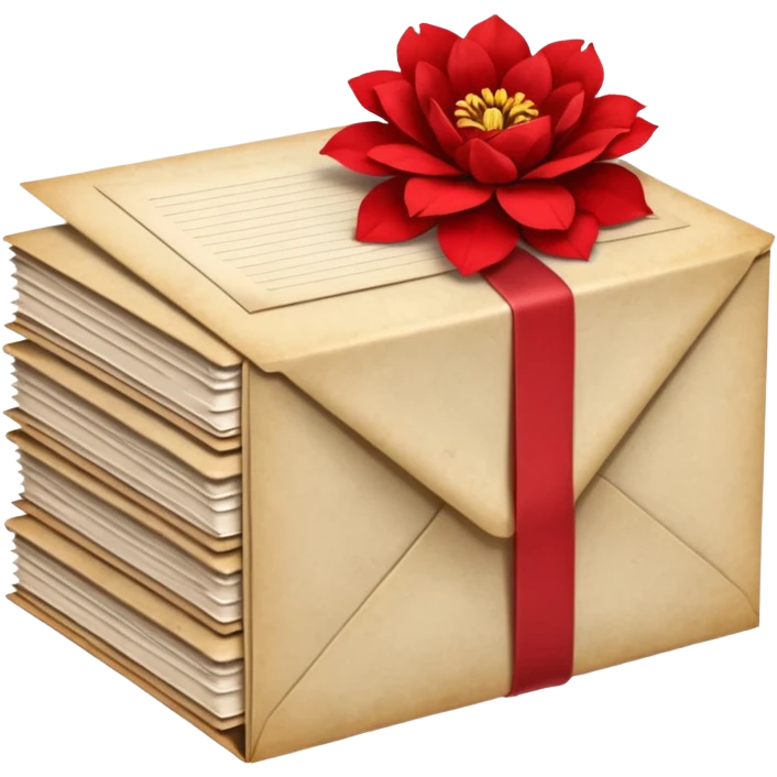 A beautifully arranged Stack of aged letters, tied with a red ribbon, envelopes, corespondence, aesthetic, red flower petals around, mails emoji