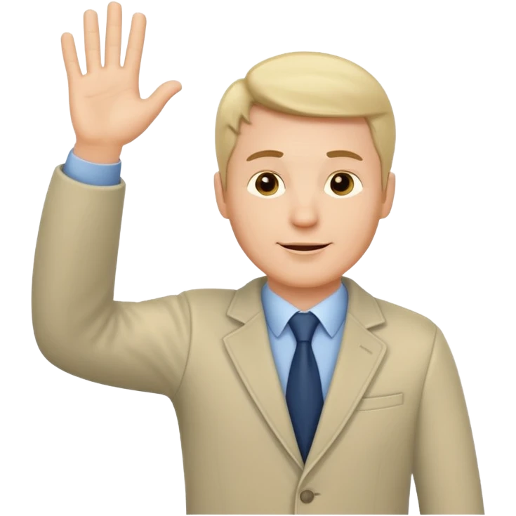 A white man in ordinary clothes stands and waves his hand in greeting. emoji