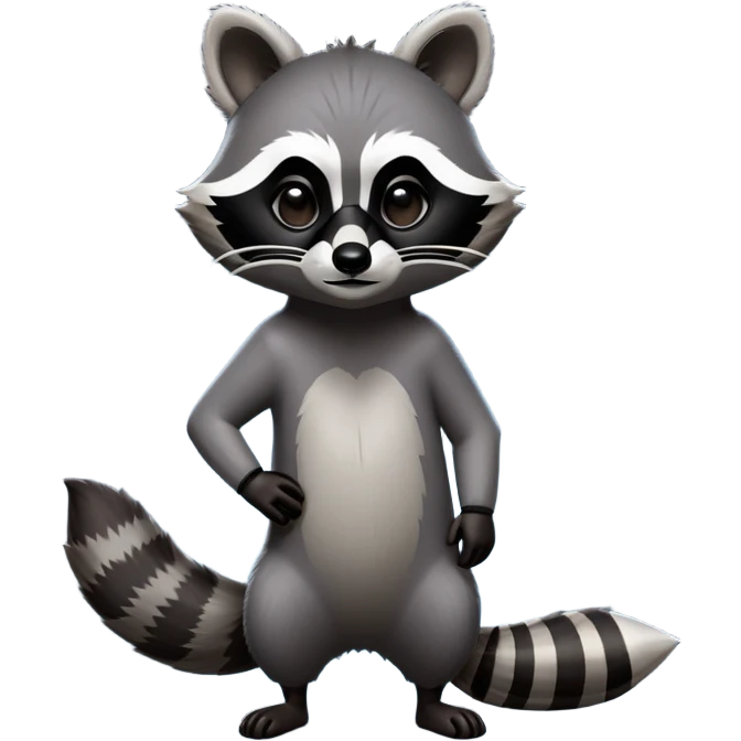 Cinematic-Raccoon-Realistic-Full-Body-Standing-Emoji – Tail flicking lazily, head tilted dramatically, thick grey fur with a signature black mask, sharp and alert ears, simplified yet realistic focused features, highly detailed, glowing with an almost sarcastic glow. emoji