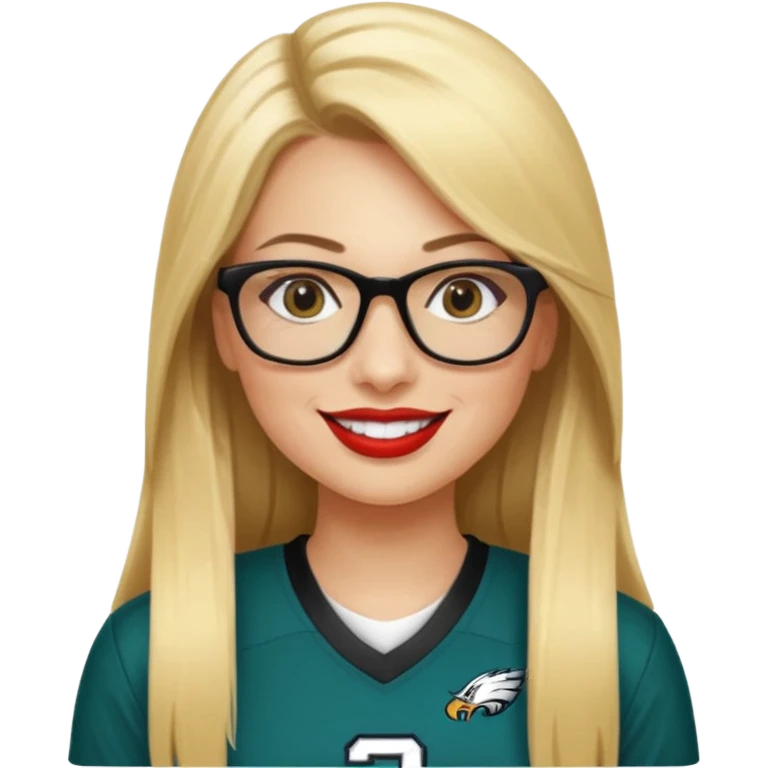 long blonde straight hair, black small glasses, smiling, lipstick, full length eagles football uniform, 33 emoji
