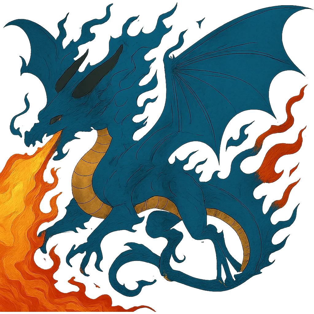 Add a dramatic fiery breath effect to this flying blue dragon, keep the style of the original image, no background. emoji