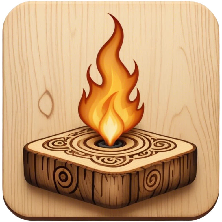Pyrography icon, wooden surface with intricate burn marks, detailed patterns being burned into wood with a pyrography tool, smoke rising, minimalistic style, clean lines, transparent background. emoji