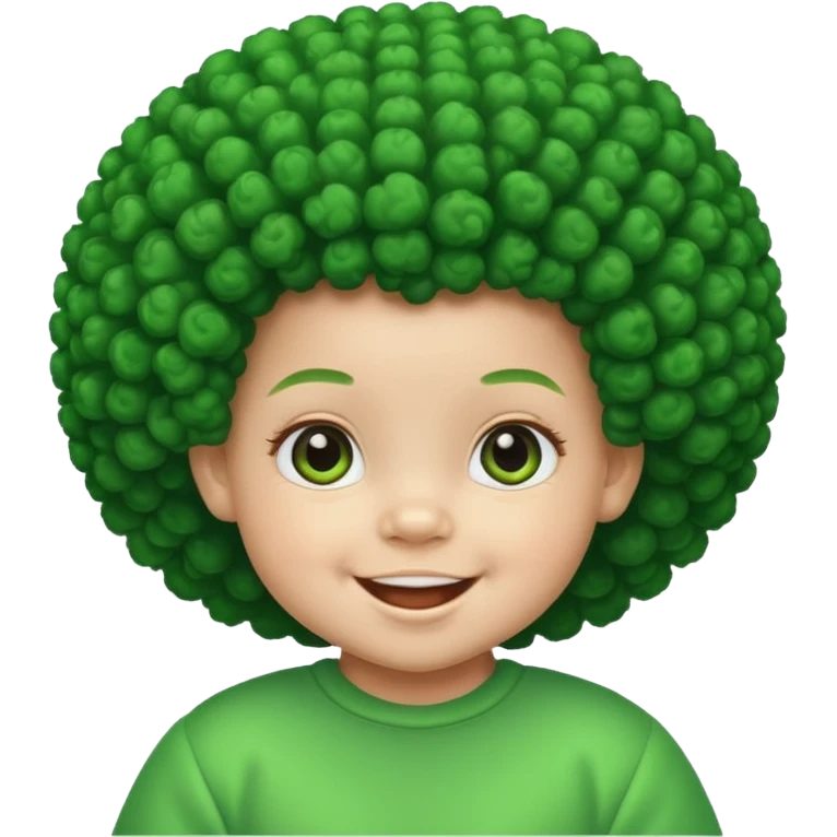 a smiling baby with bright green skin and  a big afro emoji