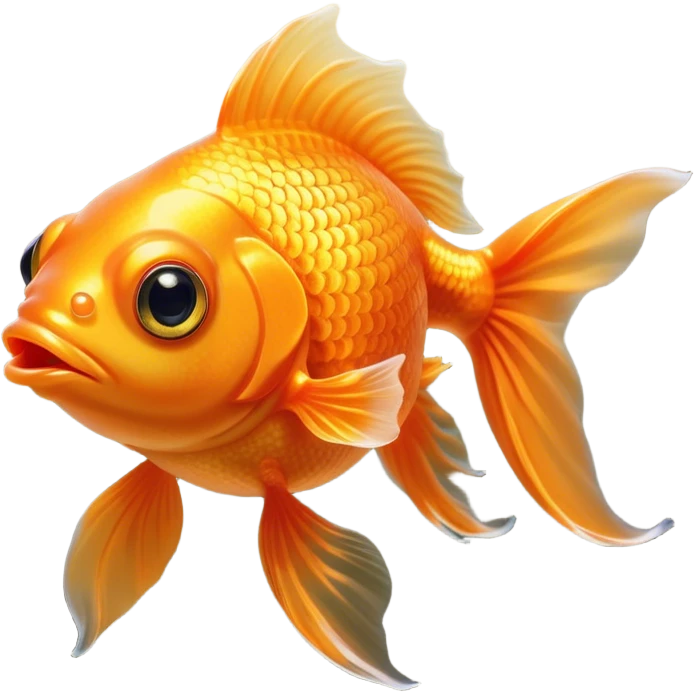Cinematic Cute Orange Goldfish Portrait Emoji, Head tilted playfully and inquisitively, featuring a glossy, vibrant orange body with delicate, flowing fins, round, sparkling golden eyes filled with curiosity, Simplified yet irresistibly adorable features, highly detailed, glowing with a warm, friendly glow, high shine, affectionate and lively, stylized with a touch of whimsy, bright and endearing, soft glowing outline, capturing the essence of a mischievous yet loving goldfish, so playful it feels like it could swim out of the screen and into your heart! emoji
