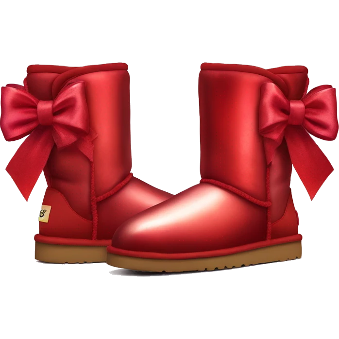 Pair of iridescent red Ugg fur boots with red silk ribbon bows. emoji