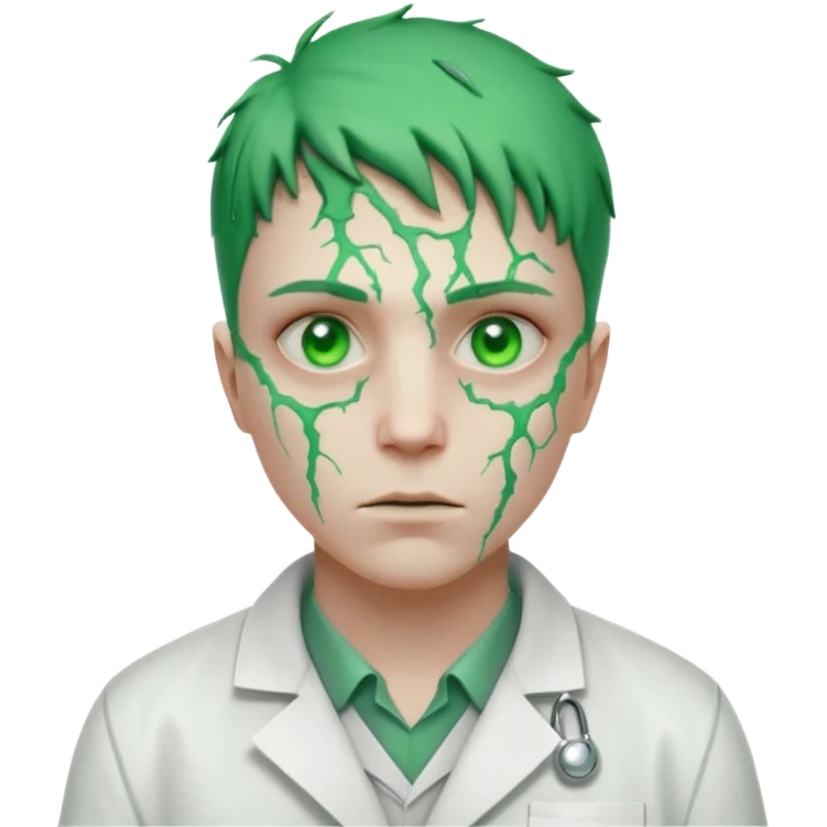 laboratory mutant portrait, head and shoulders only, glowing green veins, torn lab coat collar, mutated eyes, sci-fi experiment vibe, 3D cartoon, mobile game icon style, clean background, no text, no watermark

 emoji