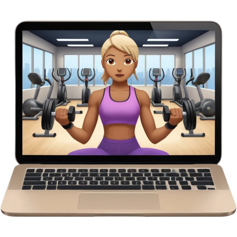 Open laptop on a dark background, showing a fitness trainer inside a modern professional gym on the screen— smooth rounded edges, soft lighting, no text or logos, minimalistic and high-quality rendering. Only the laptop is visible, centered emoji