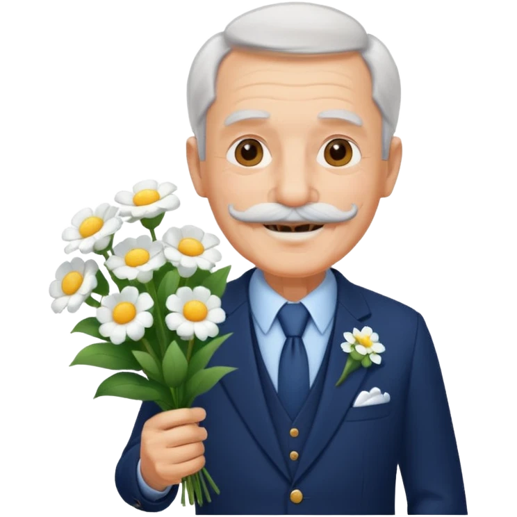 homme âgé en costume bleu foncé souriant avec moustache portant un bouquet fleurs blanche  emoji