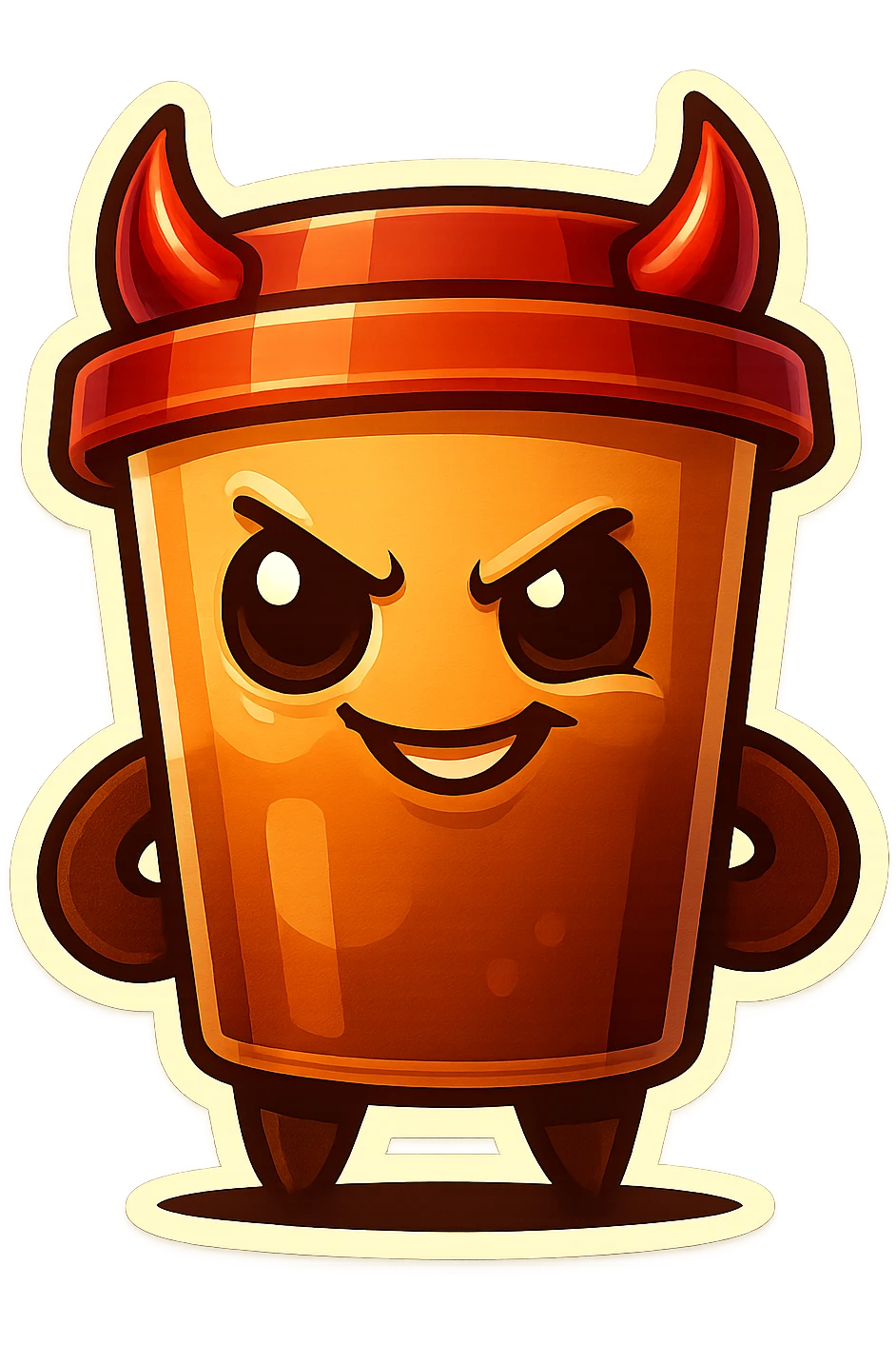 Tall coffee cup, devil horns, smirking, evil emoji