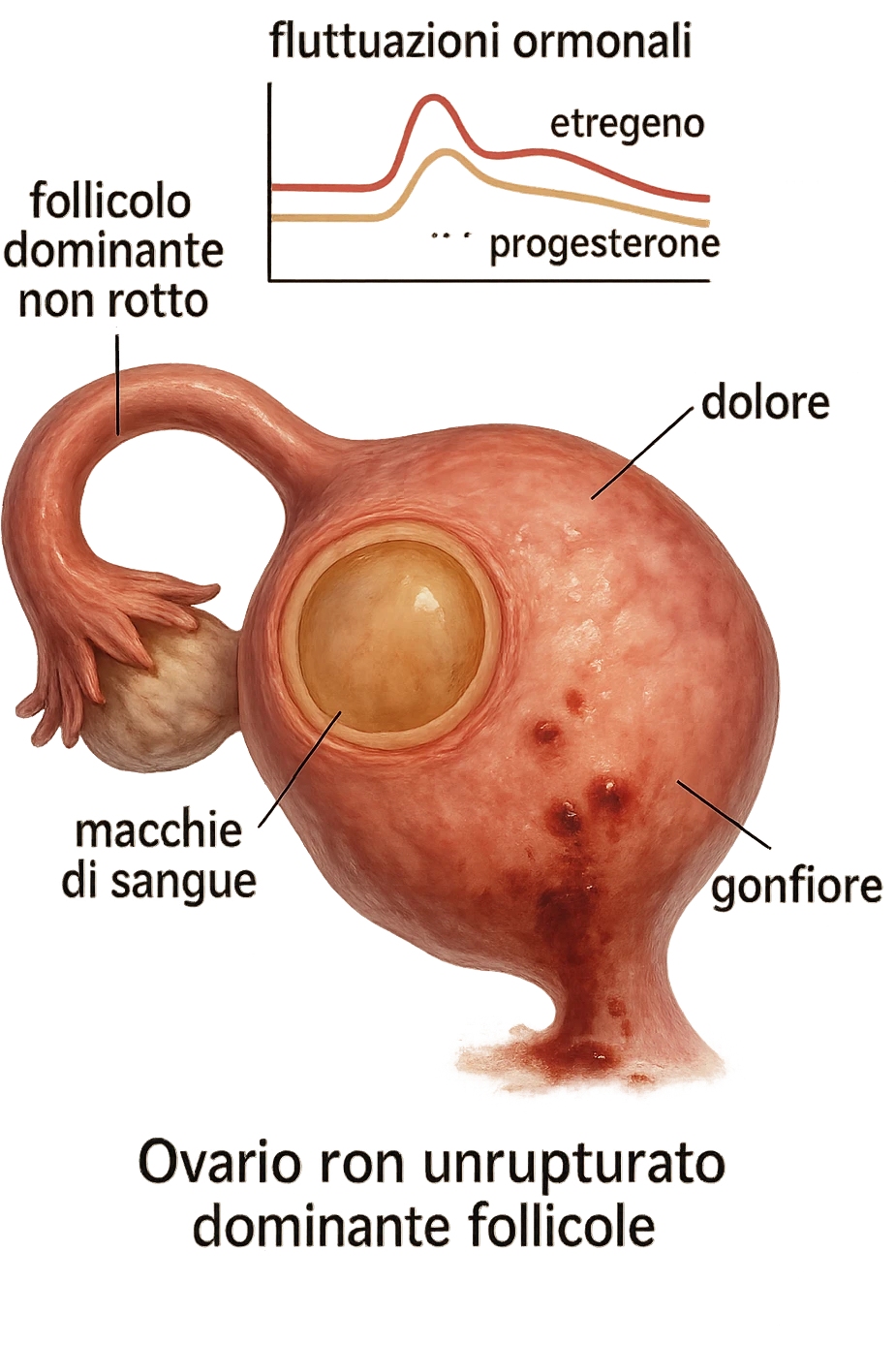 realistic and cinematic illustration of an ovary with an unruptured follicle, low progesterone, hormonal fluctuations, symptoms of spotting, pain and swelling, clinical details, captions in Italian emoji