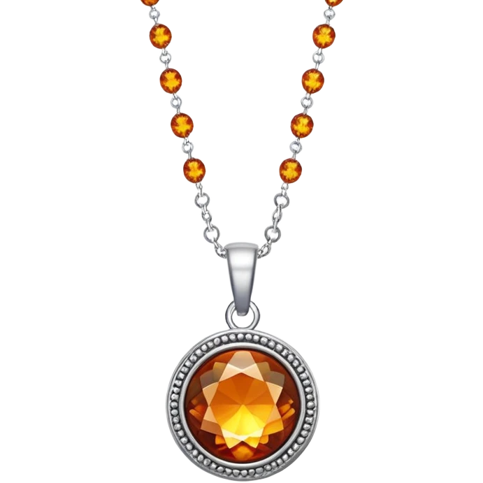 extreme close up of a round cut holographic amber charm with silver metal accent and beaded chain emoji