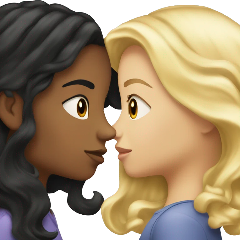 A straight black hair girl kissing a wavy blonde hair girl emoji