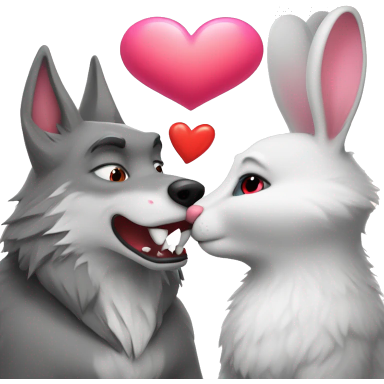 Old Wolf kisses a white Bunny who has pink ears, with big red heart between them emoji