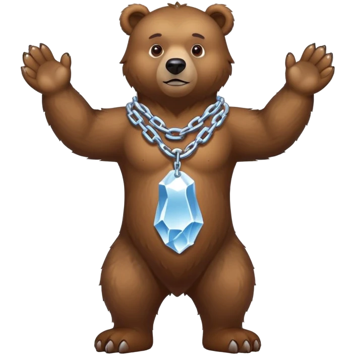 Complete full-length view of serious brown bear standing on four paws, showing entire body from nose to tail, with ice chain around neck emoji