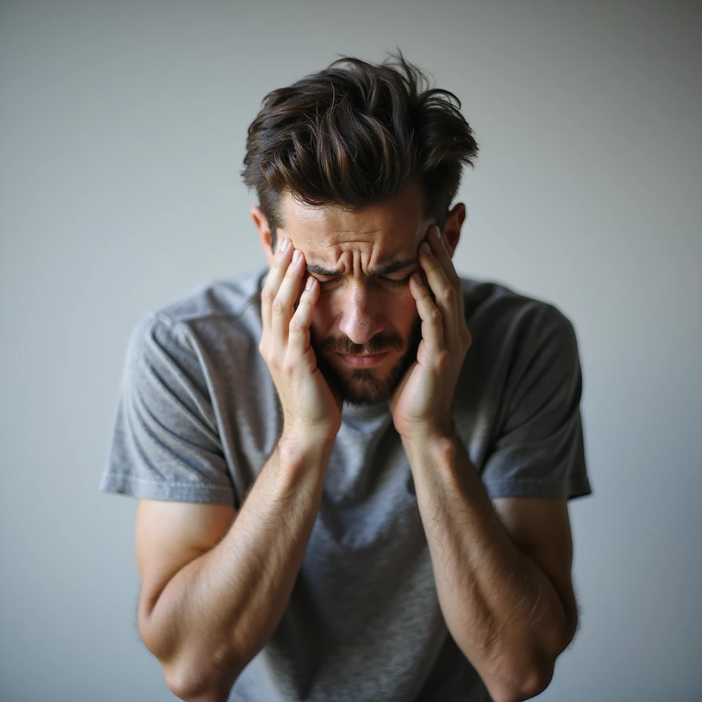 realistic 30-year-old man with acute anxiety, curled posture, vacant stare, trembling hands, neutral background emoji