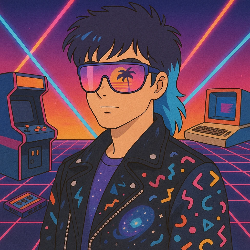 80s retro-futurism male portrait with mullet haircut with neon blue tips, airbrushed sunglasses with pink-purple gradient and palm/sunset reflection, leather jacket with lightning, cosmic, and Memphis Design patterns, neon gradient background with perspective grid, laser beams, cassettes, arcade games, Commodore 64, MTV-era palette emoji