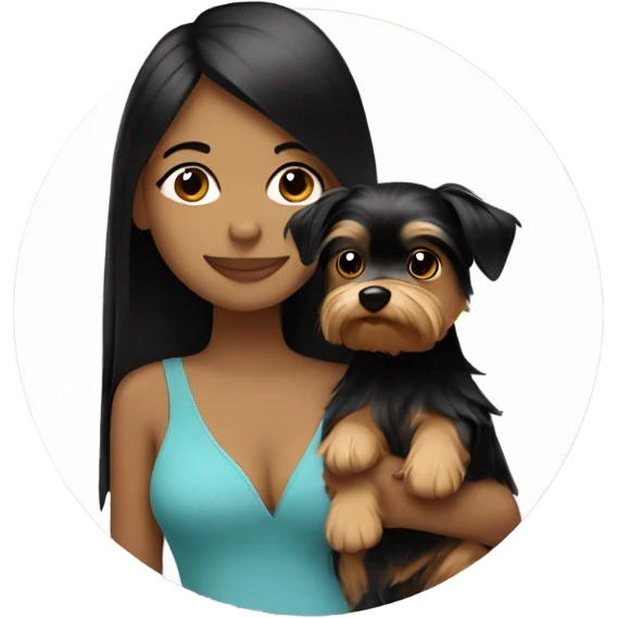 Tan girl with black straight hair hugging a Yorkie  emoji