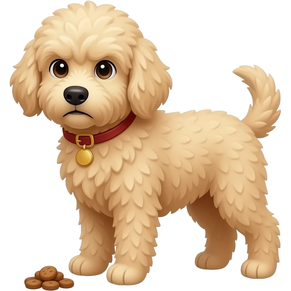 adult large goldendoodle, light tan, with a look of judgement wanting food emoji