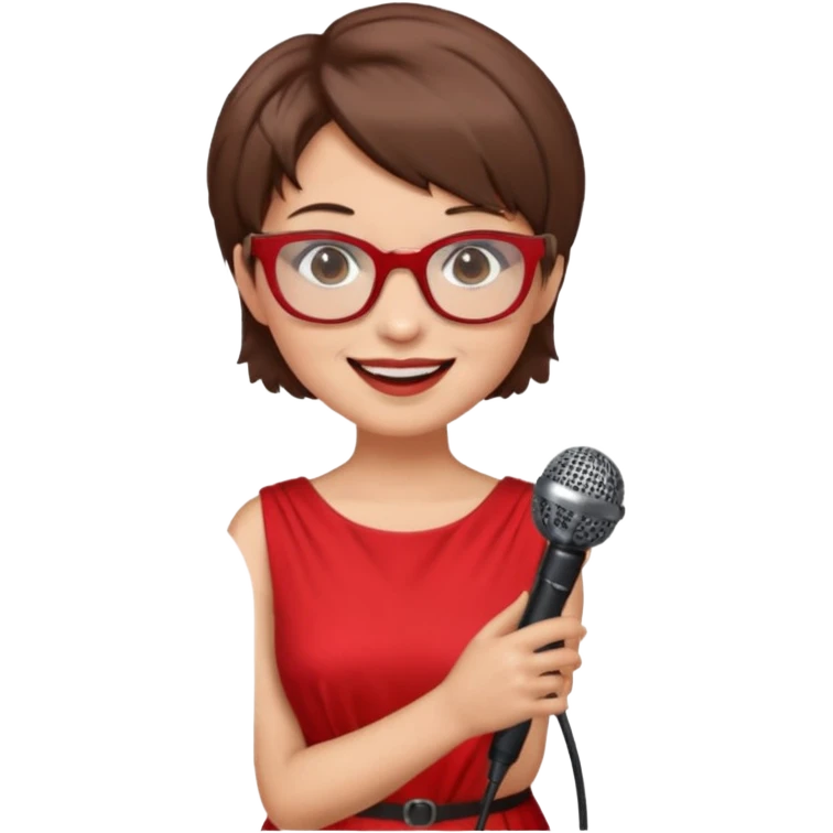 singer, Old, brown short hair, holding mic, red dress, glasses emoji