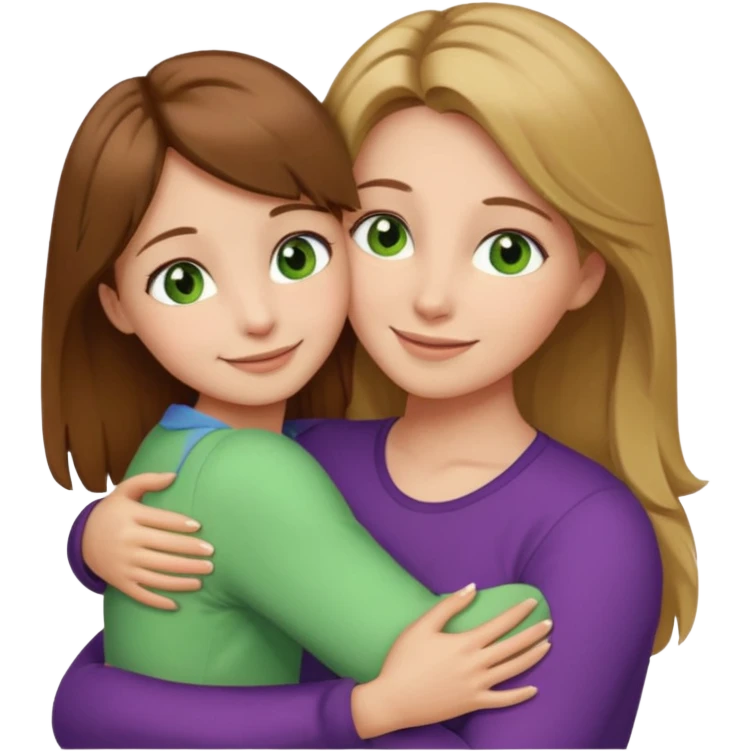 Maman cheveux marrons yeux marrons peau blanche et fille cheveux blond yeux verts peau blanche qui se font un câlin  emoji