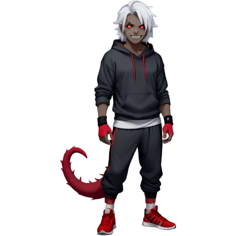 Male adult, black grey skin, red eyes, white hair, sharp teeth, bandages on arms, charismatic grin, scar on cheek, messy hair, shoulder length hair, sharp jawline, lanky athletic physique , Hoodie, baggy sweat pants, glowing eyes, tall, wearing sneakers, thin demon tail, black socks, hood up, looking at viewer, 

chibi, , rows, =, emojis, mischievous emoji