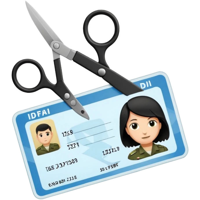 Floating black Scissors cutting in half an idf soldier ID card with a little chip in 2 parts emoji