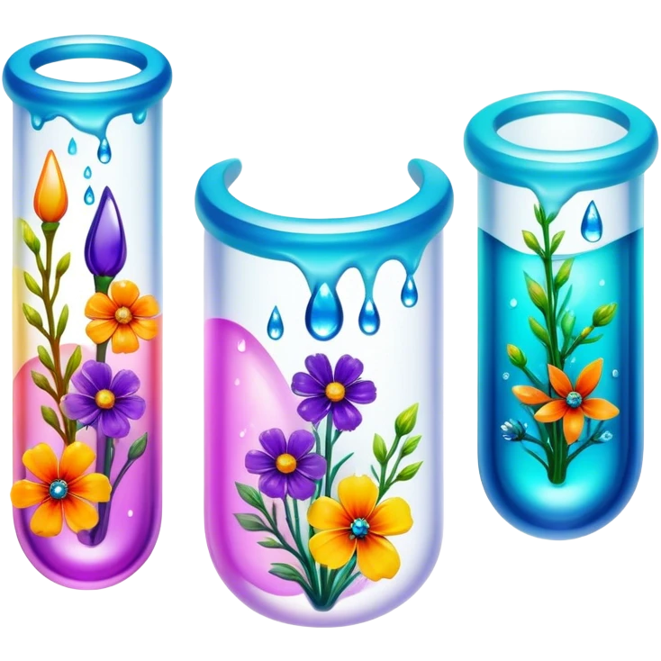 Create an icon that represents decorative arts using epoxy resin in tubes. The design should feature colorful tubes of resin, including fluorescent resin tubes, with visible drops or strokes of resin being applied to create intricate designs. Include finished resin jewelry pieces, such as pendants or rings, containing preserved flowers and insects encased in clear resin. The composition should feel vibrant, artistic, and delicate, showcasing the unique beauty of resin art with natural elements. The background should be transparent emoji