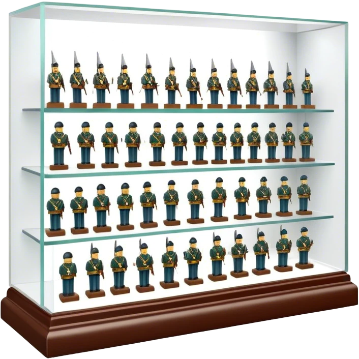 Icon for Miniature Collecting: a collection of finely detailed miniature items such as tiny colorful army of soldiers, figurines and accessories, neatly displayed on a shelf or in a display case. The icon should convey the intricacy and charm of collecting miniature objects. Transparent background. emoji