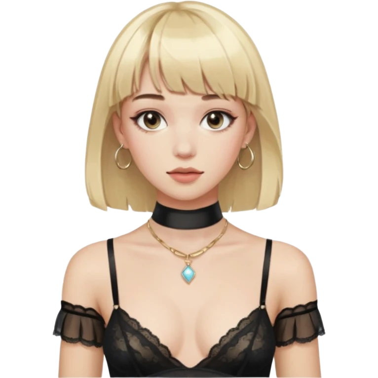 long elegant hair with bangs. almost female blonde boy femboy trap t-girl cute feminine makeup gay lingerie sleeves. skinny male body.   choker hoop earrings. emoji