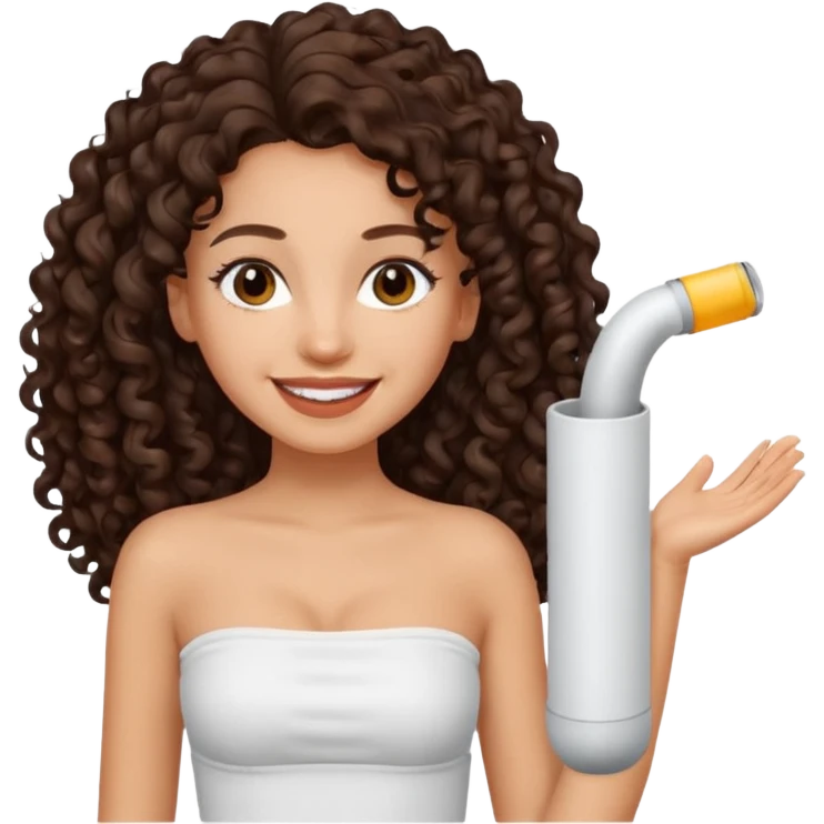 Woman with light skin and dark brown eyes and dark brown long curly hair and white tube top emoji