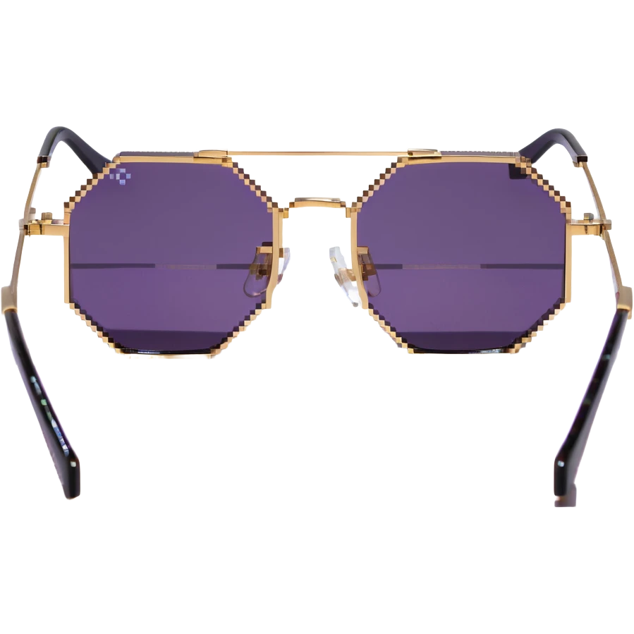 retro 70s octagonal sunglasses with purple lenses and gold frames emoji